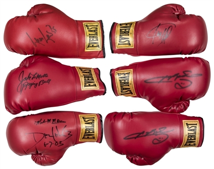 Boxing Greats Signed Glove Collection of (6) Including Lennox Lewis, Jake LaMotta, Sugar Ray Leonard (Beckett PreCert)